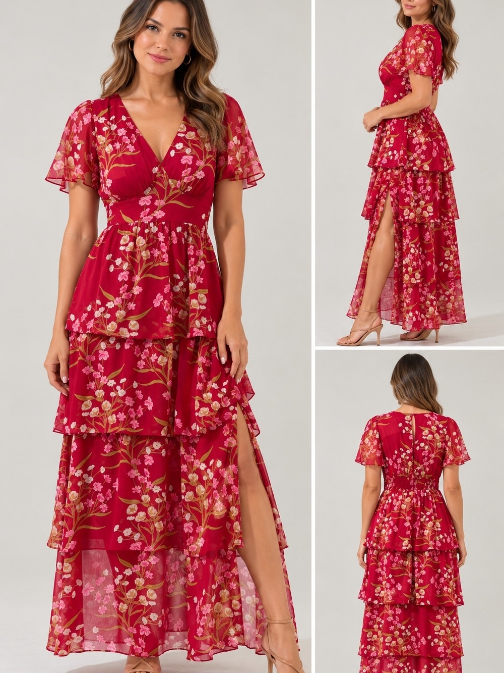 Sugarlips Red Floral High-Low Tiered Maxi Dress